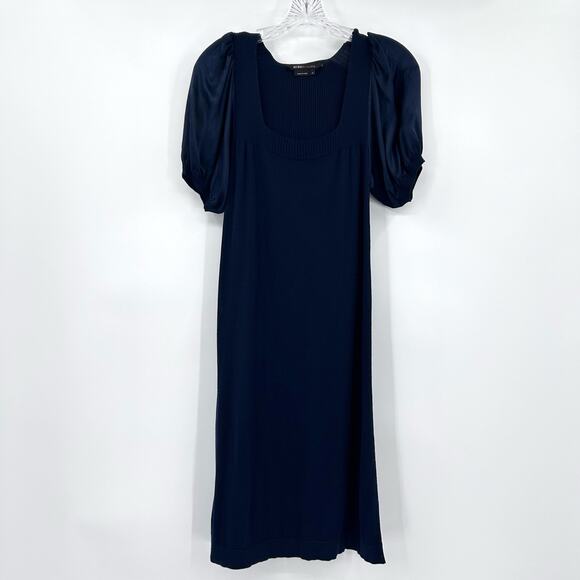 BCBGMaxAzria Silk Cashmere Blend Puff Sleeve Dress Navy Blue Shift Womens S - Picture 3 of 10